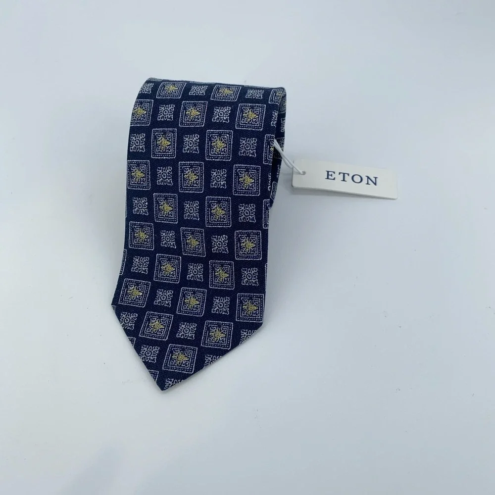 Eton Tie Men One Size Blue Patterned Linen Classic Fit Professional‎ Necktie NWT
